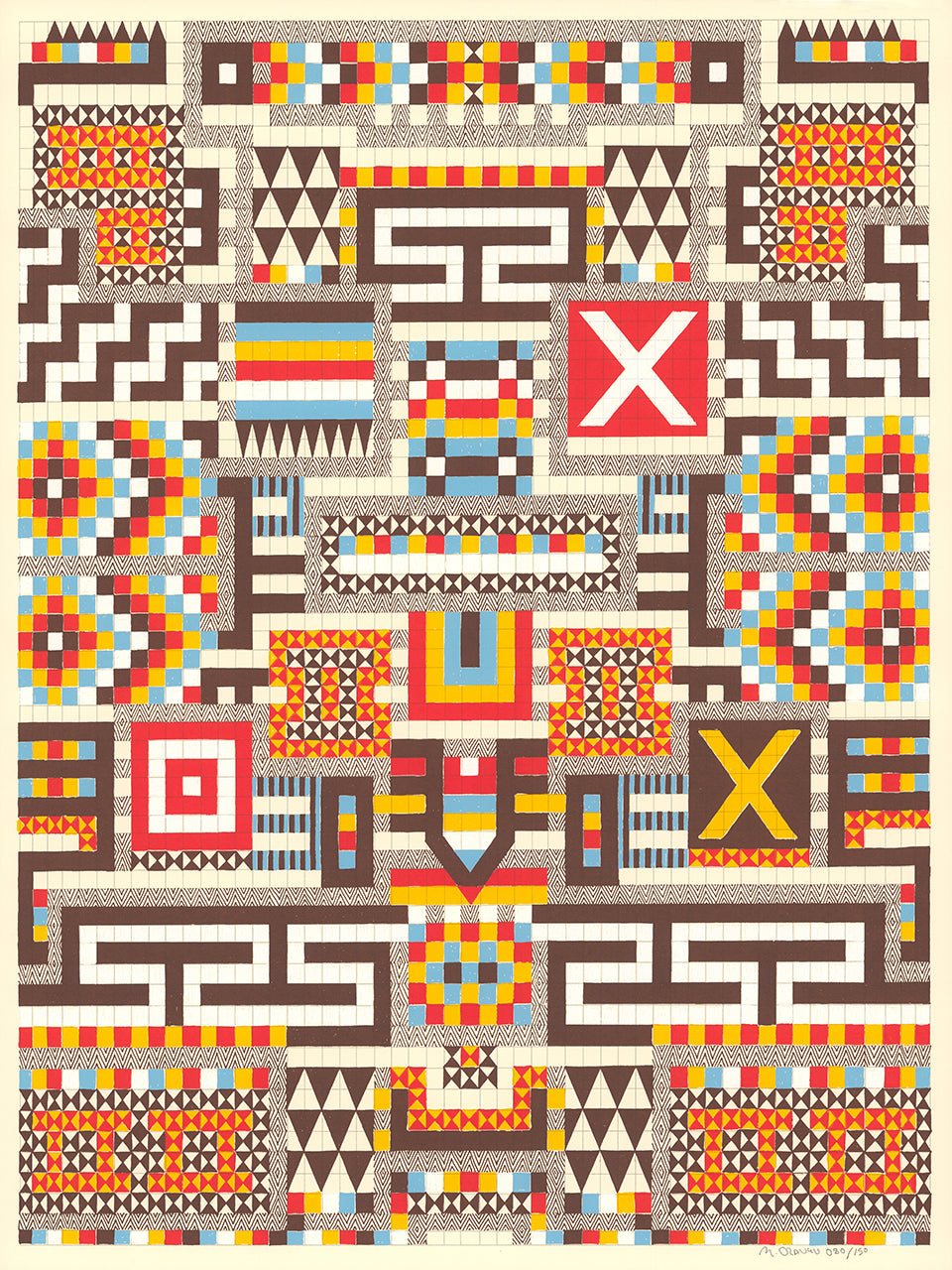 Screenprint of a dense totem-like grid of geometric motifs in brown, orange, yellow, red and light blue on cream