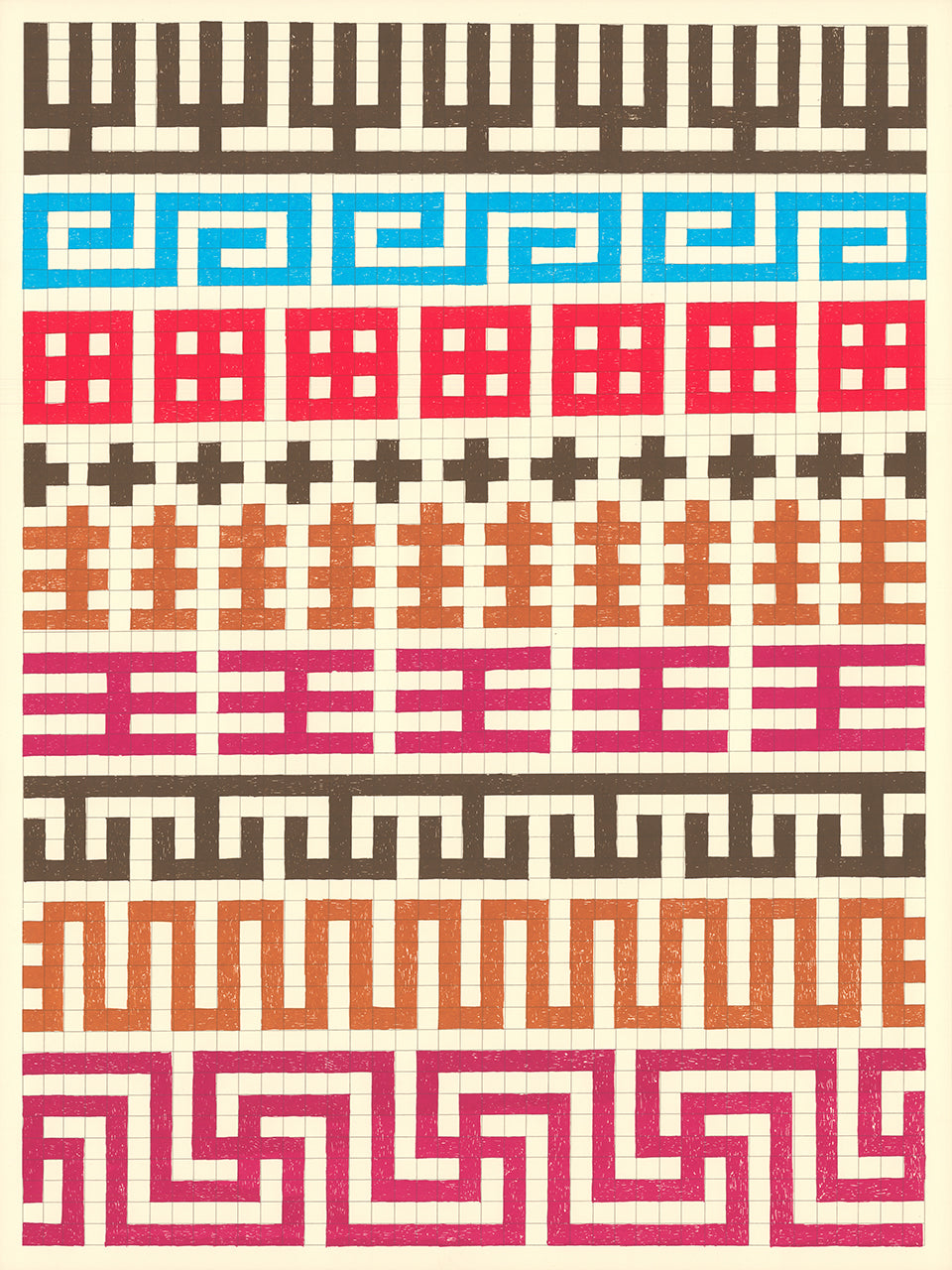 Screenprint of horizontal bands of Greek key and geometric motifs in brown, cyan, red, orange and magenta on a cream grid