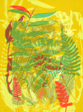 Layered screenprint of fern and leaf silhouettes in green, orange-red and olive over a bright yellow ground