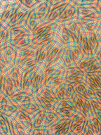 Screenprint of a dense woven pattern of wavy multicolor lines in red, yellow, green and blue forming swirling cells