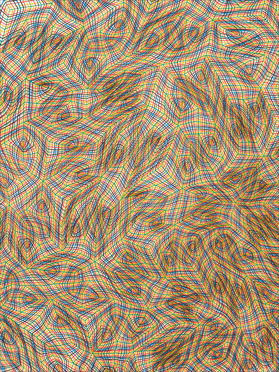 Screenprint of a dense woven pattern of wavy multicolor lines in red, yellow, green and blue forming swirling cells