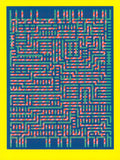Screenprint of a dense maze of green and red striped lines on navy blue with a bright yellow border