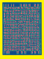 Screenprint of a dense maze of green and red striped lines on navy blue with a bright yellow border