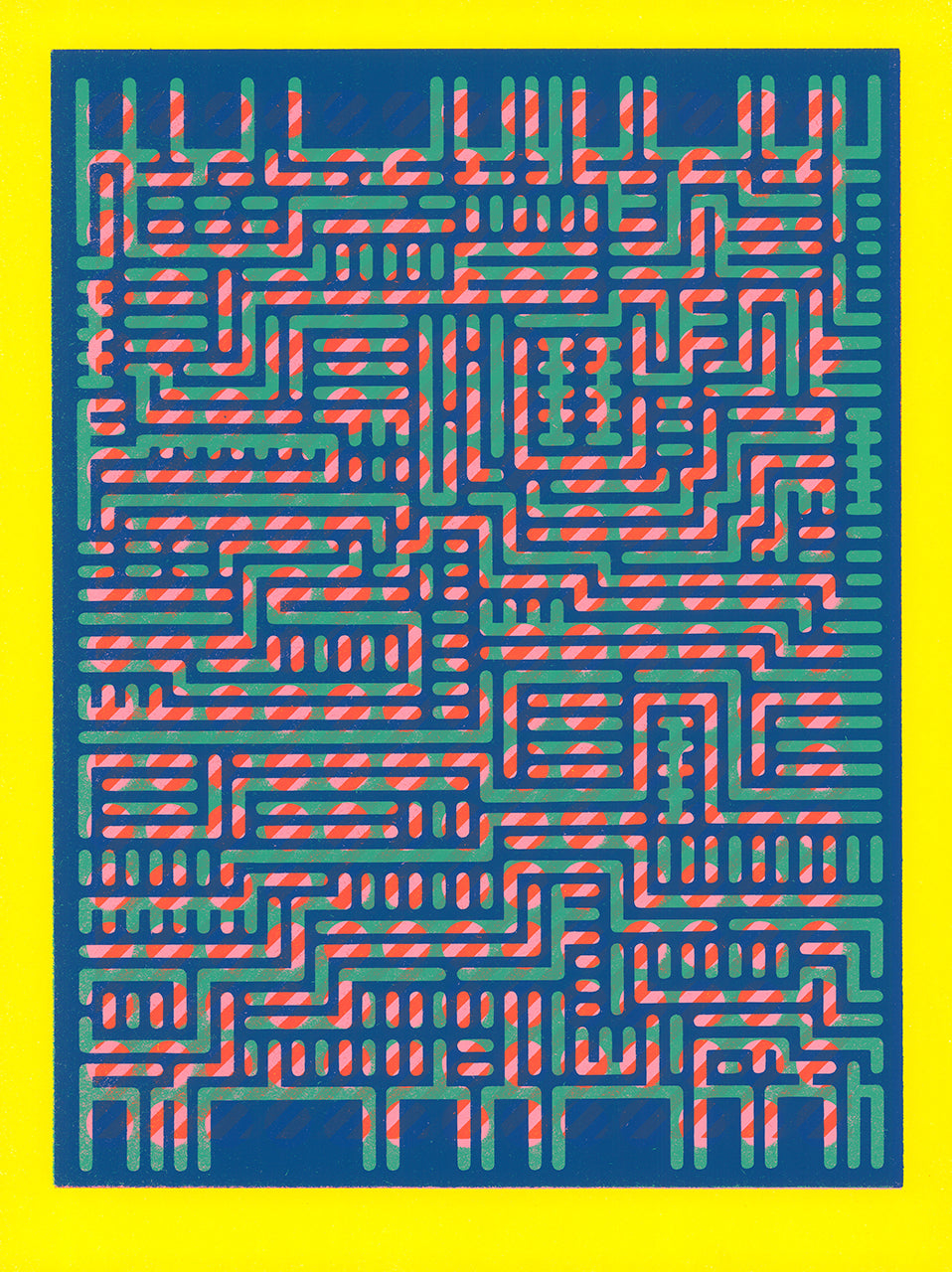 Screenprint of a dense maze of green and red striped lines on navy blue with a bright yellow border