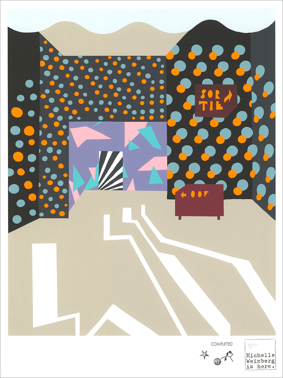 Screenprint of a stage-like fun house room with orange and blue polka dot walls, a pastel doorway and a gray floor