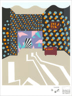 Screenprint of a stage-like fun house room with orange and blue polka dot walls, a pastel doorway and a gray floor