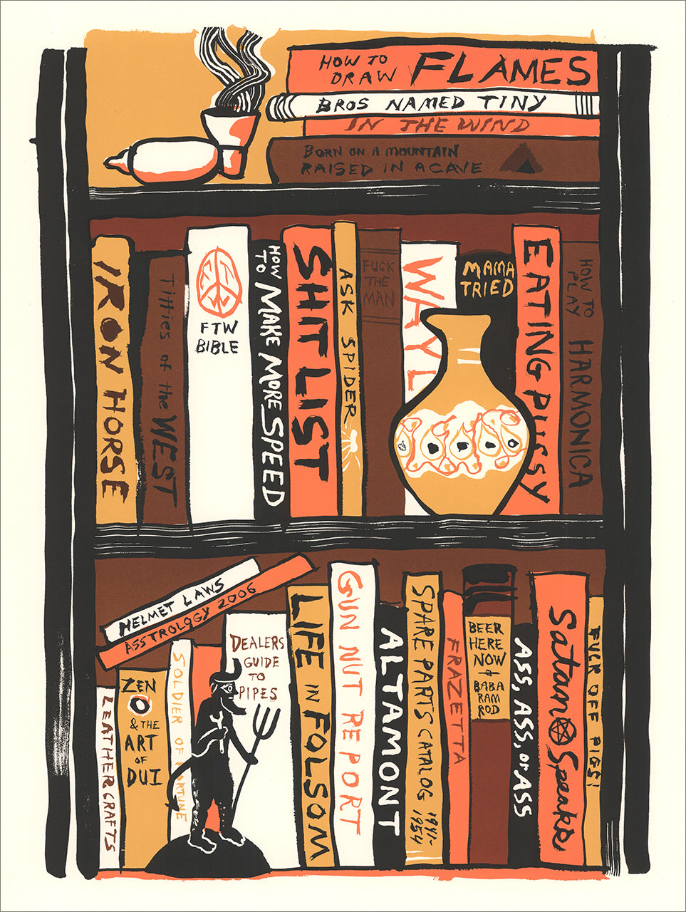 Black, orange and brown screenprint of a bookshelf of hand-lettered biker-themed book spines, a vase and a pipe