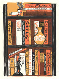 Black, orange and brown screenprint of a bookshelf of hand-lettered biker-themed book spines, a vase and a pipe