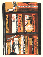 Black, orange and brown screenprint of a bookshelf of hand-lettered biker-themed book spines, a vase and a pipe
