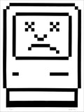 Black and white screenprint of a large pixelated sad computer icon with X eyes and a frown