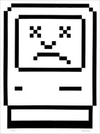 Black and white screenprint of a large pixelated sad computer icon with X eyes and a frown
