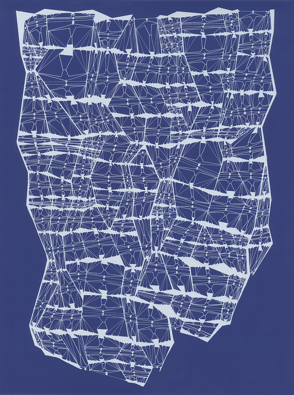 Navy screenprint of a hanging cloth-like field of linked white figures and triangulated lines