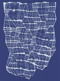 Navy screenprint of a hanging cloth-like field of linked white figures and triangulated lines