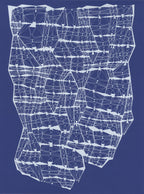 Navy screenprint of a hanging cloth-like field of linked white figures and triangulated lines