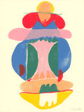 Screenprint of a stacked totem-like figure of brushy shapes in red, pink, blue, green, peach and yellow on cream