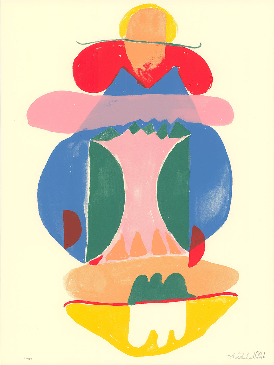 Screenprint of a stacked totem-like figure of brushy shapes in red, pink, blue, green, peach and yellow on cream