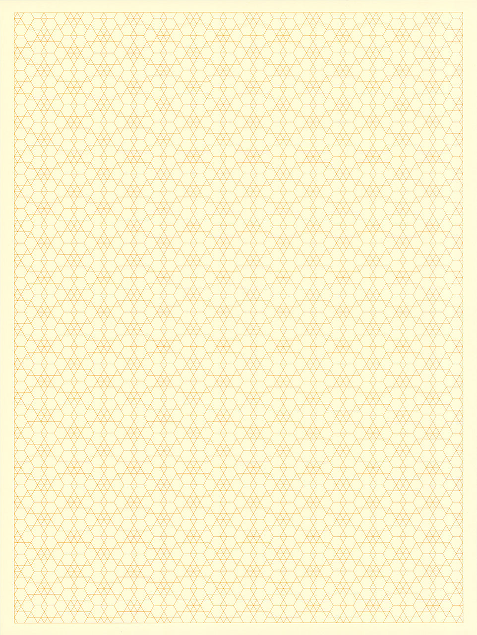 Screenprint of overlapping pale orange hexagon outlines in a repeating pattern, on cream paper