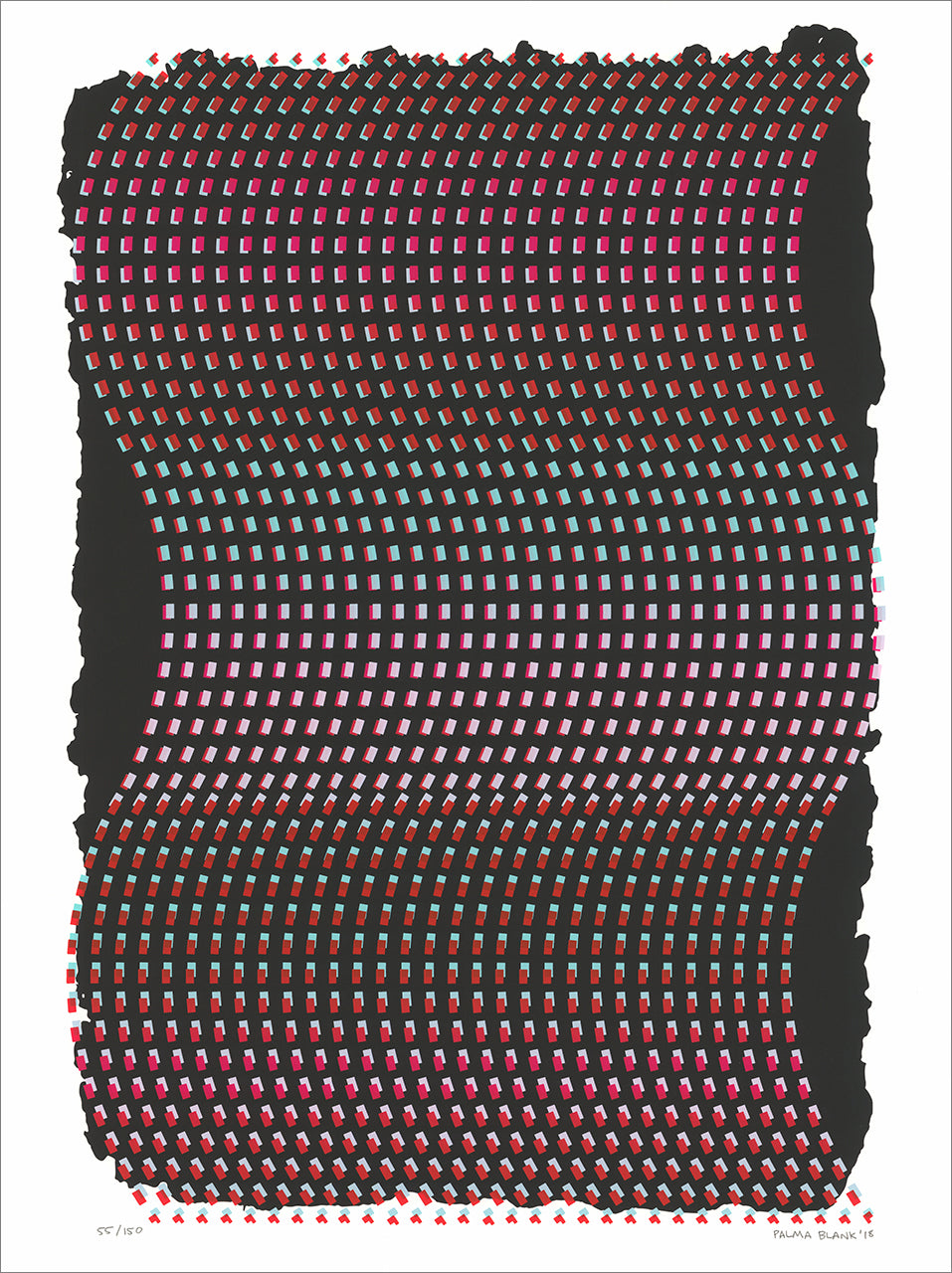 Screenprint of a wavy black band covered in a grid of small pink, red and aqua marks creating an optical shimmer