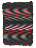 Screenprint of a wavy black band covered in a grid of small pink, red and aqua marks creating an optical shimmer