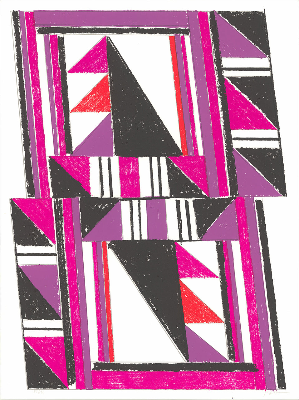Screenprint of a quilt-like pattern of triangles and stripes in magenta, violet, red and black on white