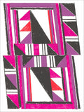 Screenprint of a quilt-like pattern of triangles and stripes in magenta, violet, red and black on white