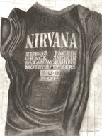 Gray graphite-style screenprint of a black Nirvana band T-shirt with Sub Pop and slogan text, shown flat