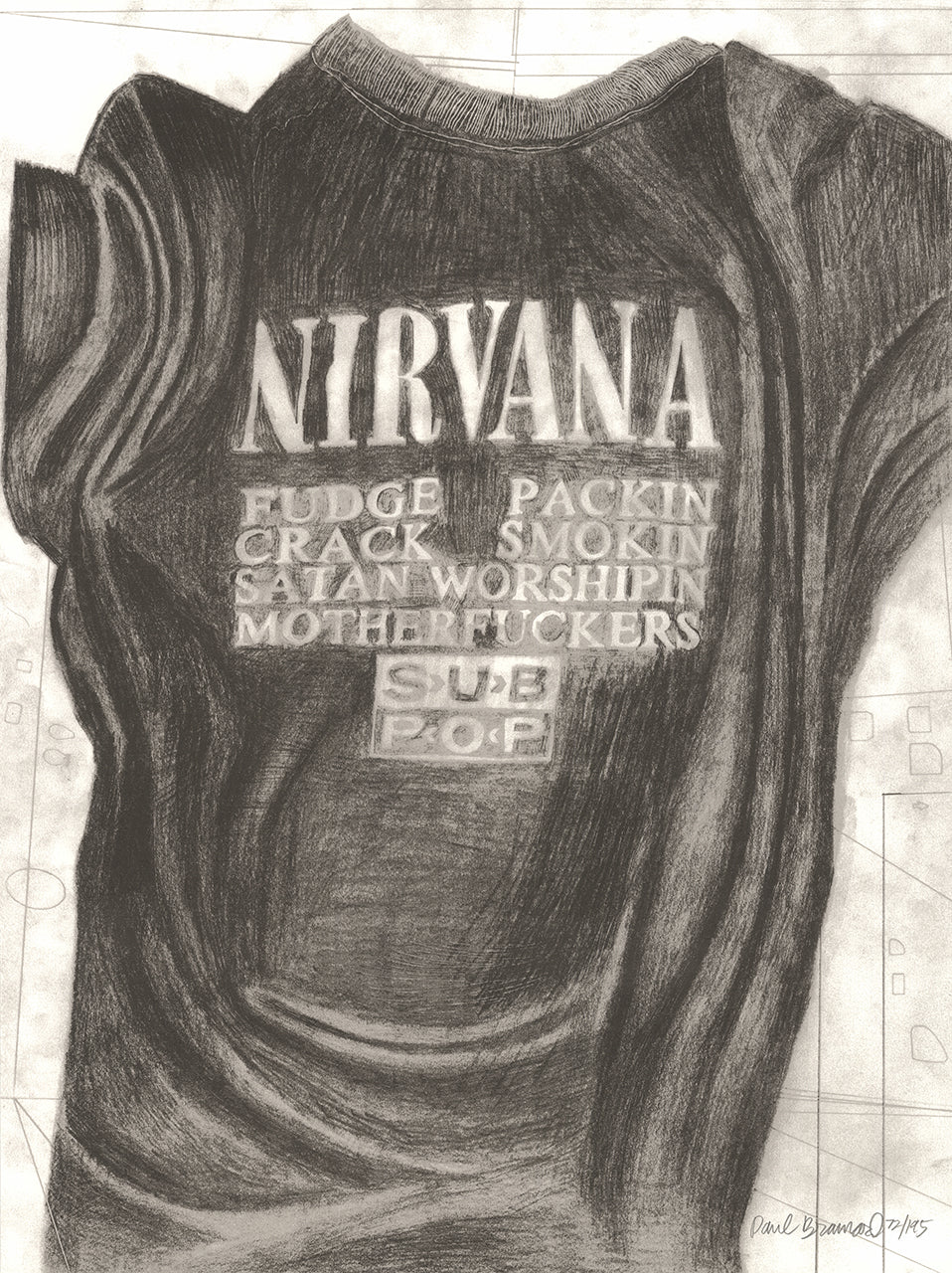 Gray graphite-style screenprint of a black Nirvana band T-shirt with Sub Pop and slogan text, shown flat