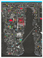 Screenprint of a dense black and gray underground maze of tiny rooms and pixel details with red accents and a blue sky strip
