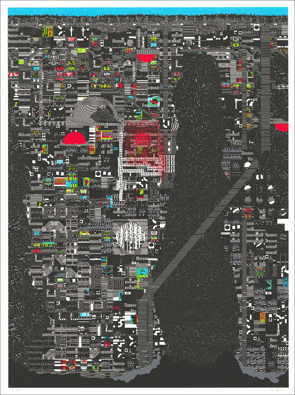 Screenprint of a dense black and gray underground maze of tiny rooms and pixel details with red accents and a blue sky strip