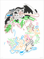 Multicolor line screenprint of tangled embracing figures with a skeleton and dark cloaked shapes on white