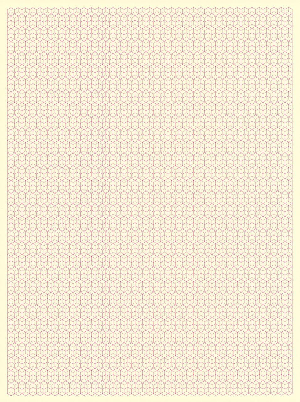 Screenprint of a pink isometric cube pattern, like stacked tumbling blocks, on cream paper