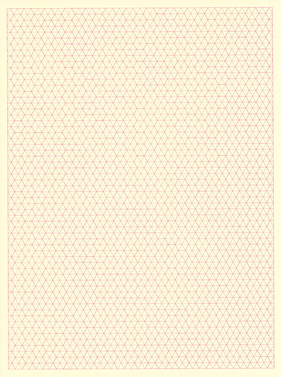 Screenprint of a pink lattice of triangles and hexagons on cream paper