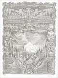 Gray pencil-style screenprint of an ornate pinball playfield with a mountain, trees and hand lettering