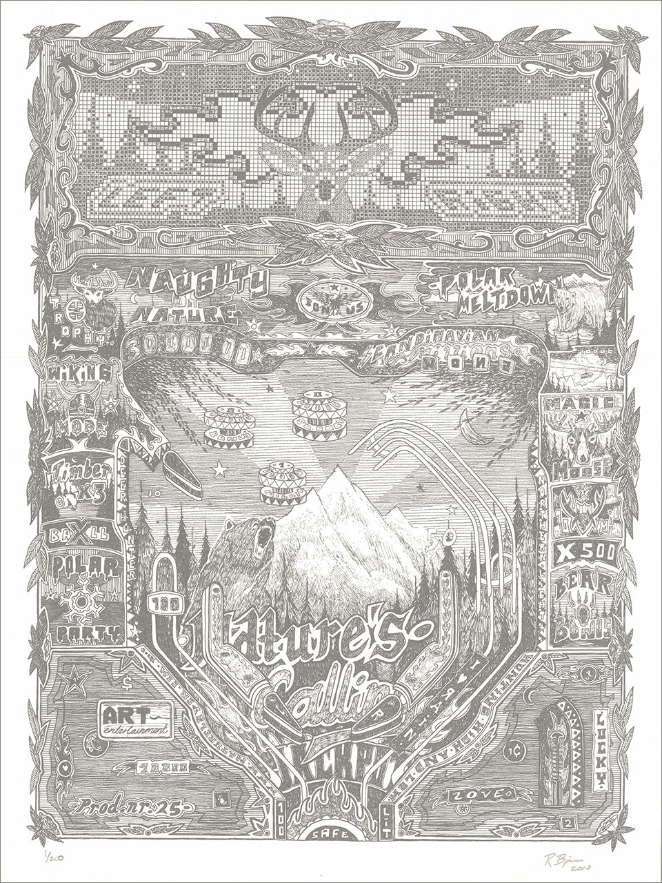 Gray pencil-style screenprint of an ornate pinball playfield with a mountain, trees and hand lettering