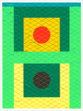Screenprint of a bright green H shape with dark green squares, a red and a black circle, yellow fields and a diamond grid