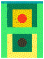 Screenprint of a bright green H shape with dark green squares, a red and a black circle, yellow fields and a diamond grid