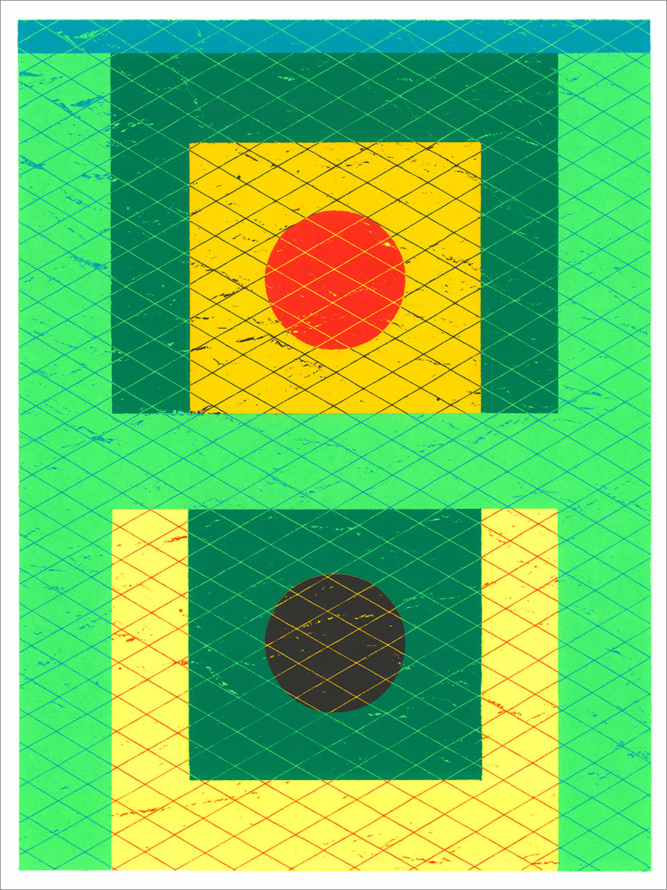 Screenprint of a bright green H shape with dark green squares, a red and a black circle, yellow fields and a diamond grid