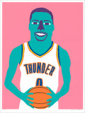 Screenprint portrait of a teal-skinned basketball player in a white Thunder jersey holding an orange ball on pink