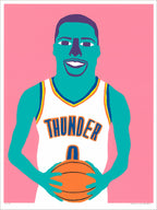 Screenprint portrait of a teal-skinned basketball player in a white Thunder jersey holding an orange ball on pink
