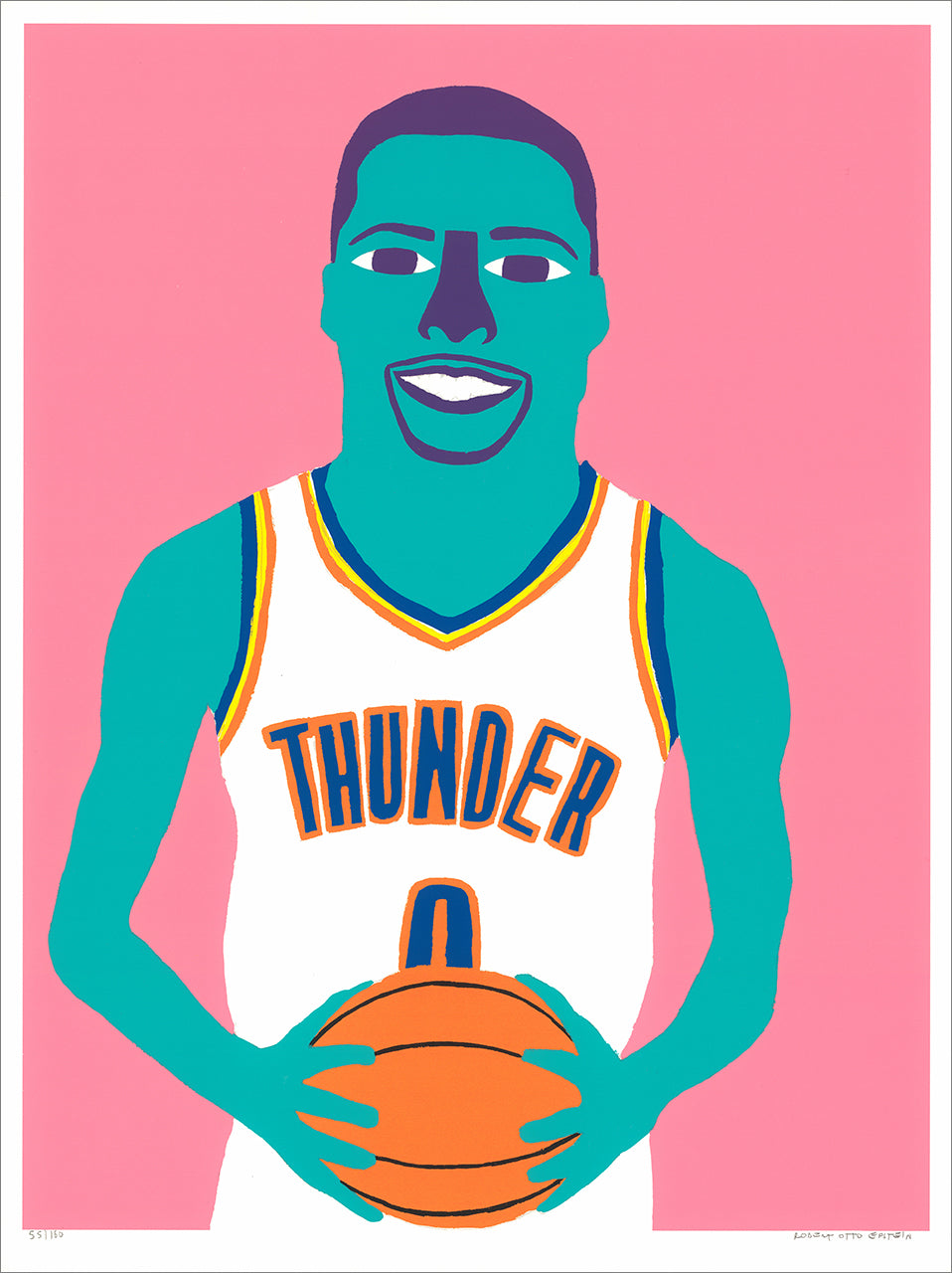 Screenprint portrait of a teal-skinned basketball player in a white Thunder jersey holding an orange ball on pink