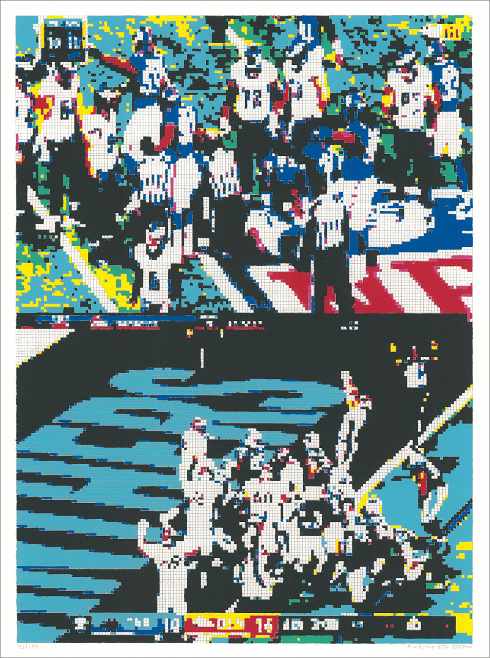 Screenprint of two pixelated football game video stills stacked, in teal, black, white, red and yellow grid squares