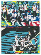 Screenprint of two pixelated football game video stills stacked, in teal, black, white, red and yellow grid squares
