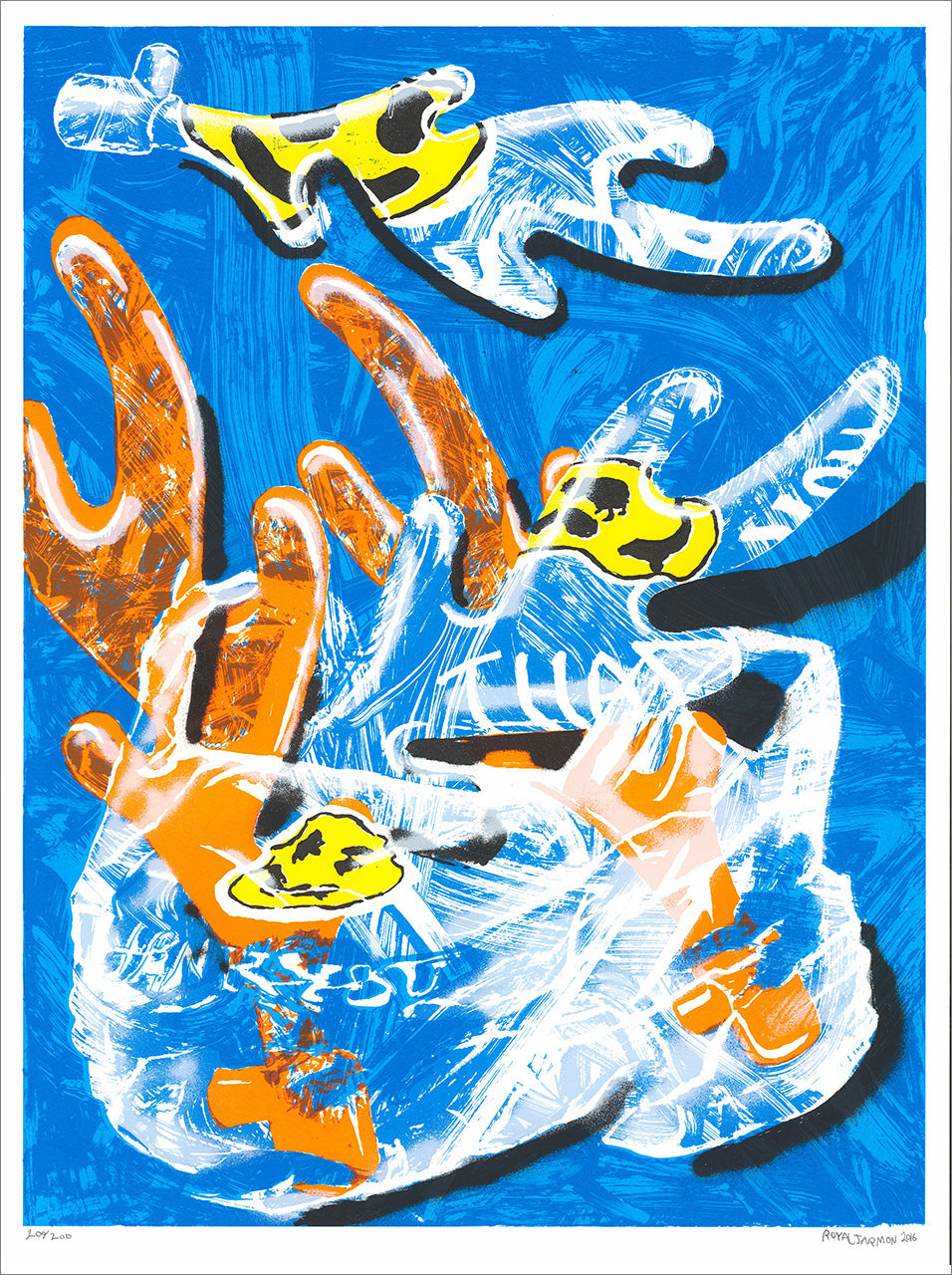 Screenprint of a plastic bag with orange and yellow LEGO flame pieces and white water splashes on bright blue