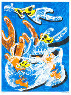Screenprint of a plastic bag with orange and yellow LEGO flame pieces and white water splashes on bright blue