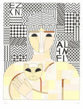 Black, cream and tan screenprint of a stylized figure holding a cat against a patchwork of black and white patterns
