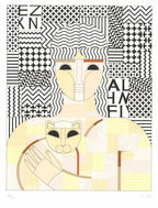 Black, cream and tan screenprint of a stylized figure holding a cat against a patchwork of black and white patterns