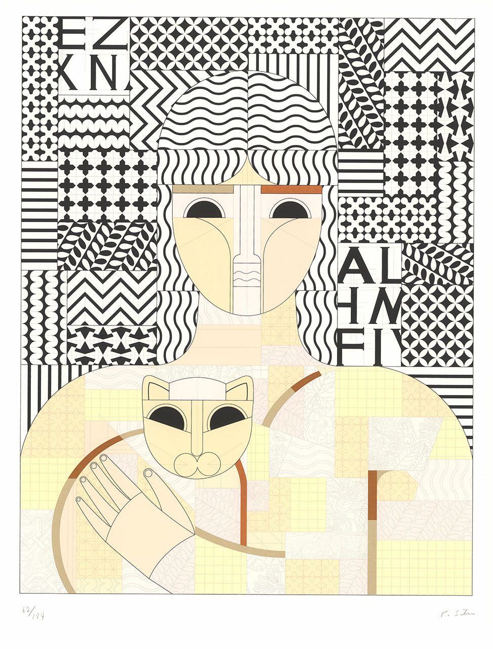 Black, cream and tan screenprint of a stylized figure holding a cat against a patchwork of black and white patterns
