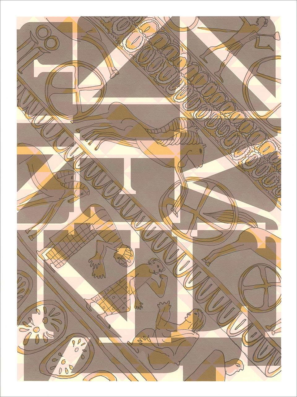 Screenprint of layered gray and tan geometric shapes with pale yellow outlines of mythological figures, chariots and animals