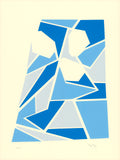 Screenprint of fractured angular shards in light and deep blue and pale gray on cream, forming a tilted shape