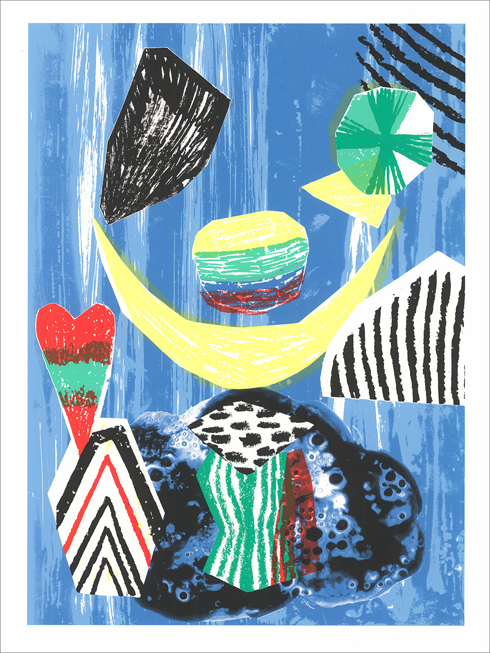 Screenprint of a cairn of abstract shapes: striped, spotted and brushy forms in black, green, red and yellow on blue